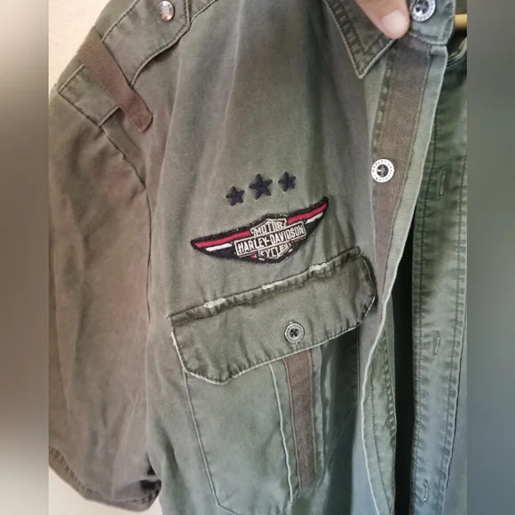 Harley Davidson Gray Embroidered Patched Military Style Button Shirt  Motorcycle - Picture 4 of 7